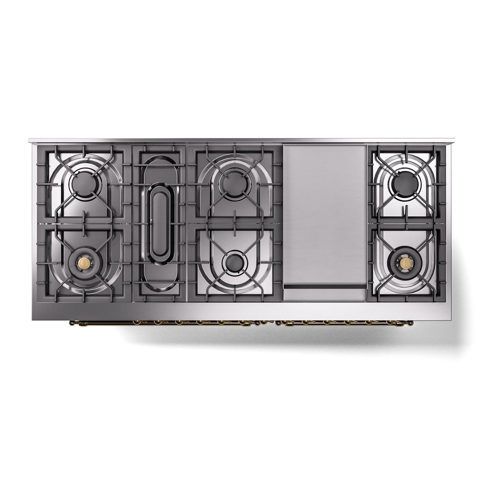 ILVE UP60FNMPBUG Nostalgie II 60 inch Dual Fuel Range with 5.8 cu. ft. Total Double Oven Capacity (9 Sealed Burners + Griddle, Natural Gas, Triple Glass Door, Burgundy, Brass) 11 ILVE UP60FNMPBUG Nostalgie II 60" Dual Fuel Range, top view