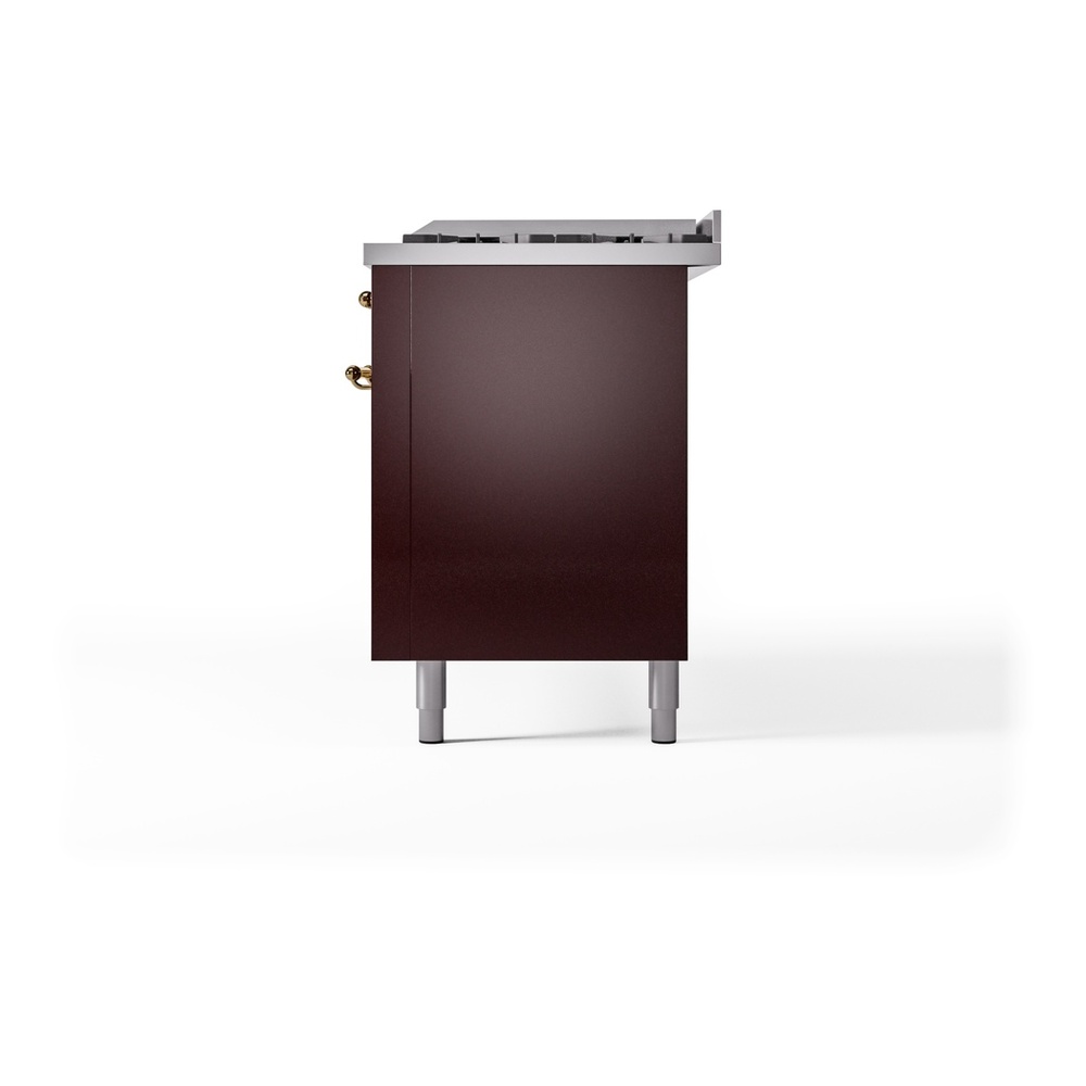ILVE UP60FNMPBUG Nostalgie II 60 inch Dual Fuel Range with 5.8 cu. ft. Total Double Oven Capacity (9 Sealed Burners + Griddle, Natural Gas, Triple Glass Door, Burgundy, Brass) 13 ILVE UP60FNMPBUG Nostalgie II 60" Dual Fuel Range, right side view