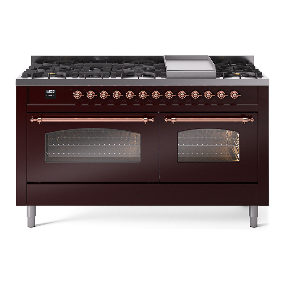 ILVE UP60FNMPBUPLP Nostalgie II 60 inch Dual Fuel Range with 5.8 cu. ft. Total Double Oven Capacity (9 Sealed Burners + Griddle, Liquid Propane, Triple Glass Door, Burgundy, Copper)