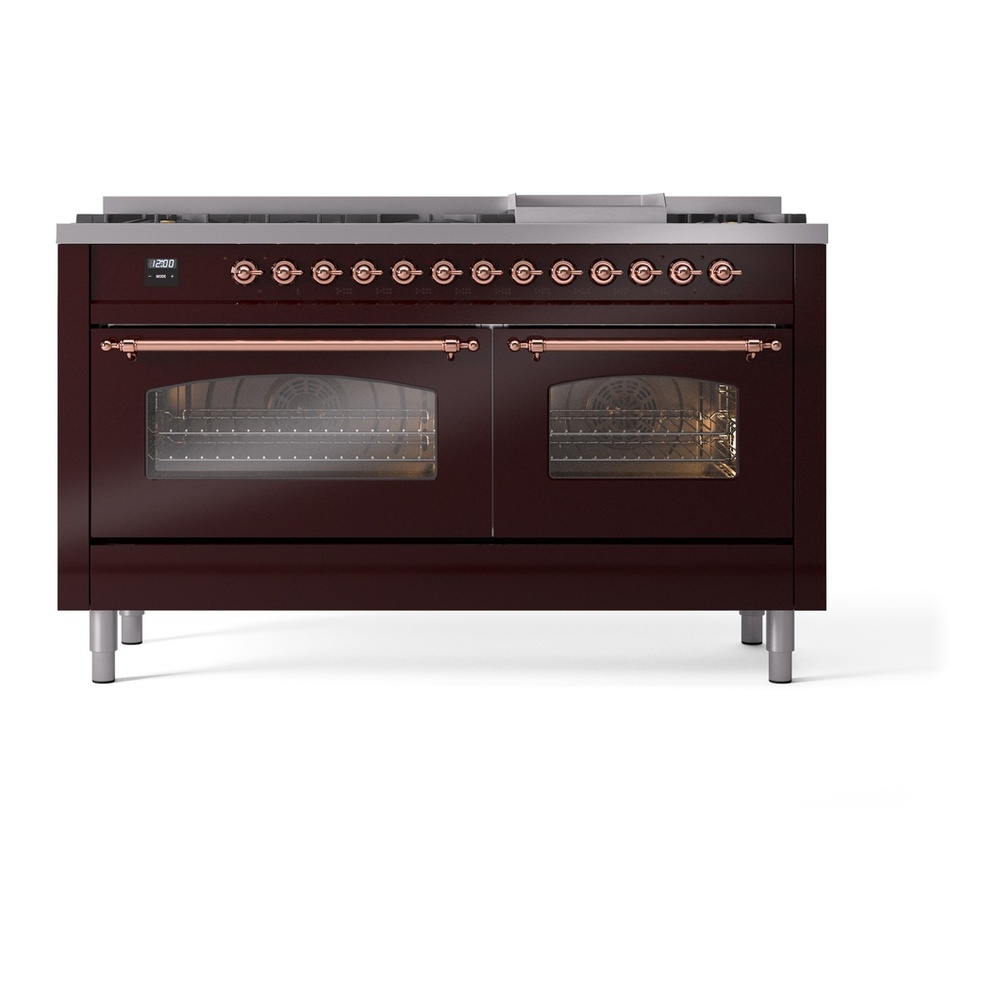 ILVE UP60FNMPBUPLP Nostalgie II 60 inch Dual Fuel Range with 5.8 cu. ft. Total Double Oven Capacity (9 Sealed Burners + Griddle, Liquid Propane, Triple Glass Door, Burgundy, Copper) 5 ILVE UP60FNMPBUPLP Nostalgie II 60" Dual Fuel Range, front view