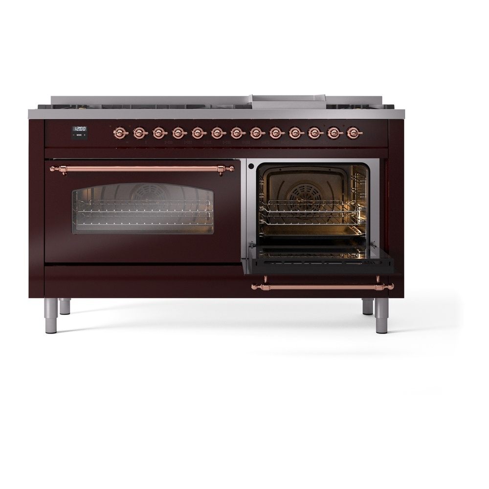 ILVE UP60FNMPBUPLP Nostalgie II 60 inch Dual Fuel Range with 5.8 cu. ft. Total Double Oven Capacity (9 Sealed Burners + Griddle, Liquid Propane, Triple Glass Door, Burgundy, Copper) 7 ILVE UP60FNMPBUPLP Nostalgie II 60" Dual Fuel Range, side oven door opened
