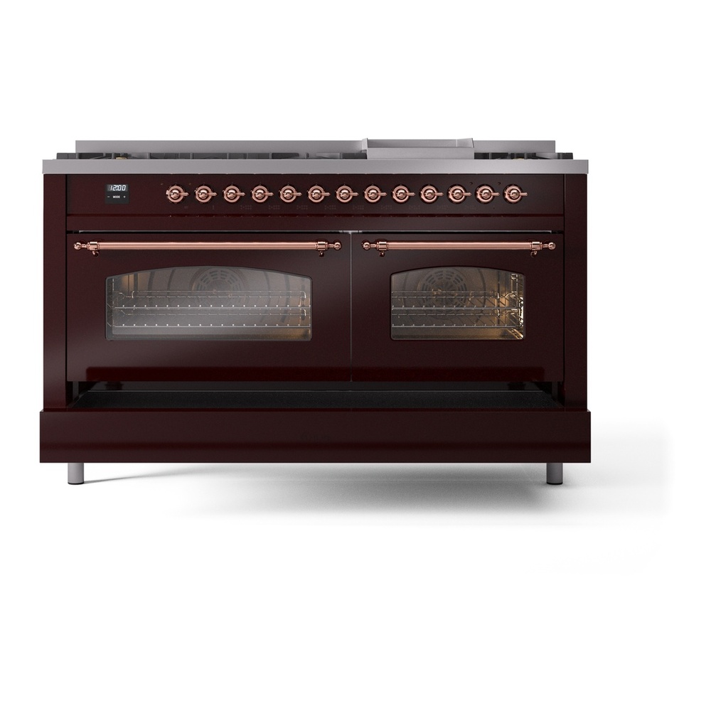 ILVE UP60FNMPBUPLP Nostalgie II 60 inch Dual Fuel Range with 5.8 cu. ft. Total Double Oven Capacity (9 Sealed Burners + Griddle, Liquid Propane, Triple Glass Door, Burgundy, Copper) 8 ILVE UP60FNMPBUPLP Nostalgie II 60" Dual Fuel Range, drawer opened