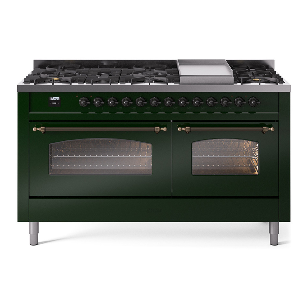 ILVE UP60FNMPEGBLP Nostalgie II 60 inch Dual Fuel Range with 5.8 cu. ft. Total Double Oven Capacity (9 Sealed Burners + Griddle, Liquid Propane, Triple Glass Door, Emerald Green, Burnished) 1 UP60FNMPEGBLP