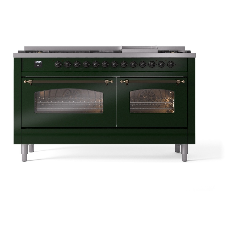 ILVE UP60FNMPEGBLP Nostalgie II 60 inch Dual Fuel Range with 5.8 cu. ft. Total Double Oven Capacity (9 Sealed Burners + Griddle, Liquid Propane, Triple Glass Door, Emerald Green, Burnished) 5 ILVE UP60FNMPEGBLP Nostalgie II 60" Dual Fuel Range, front view