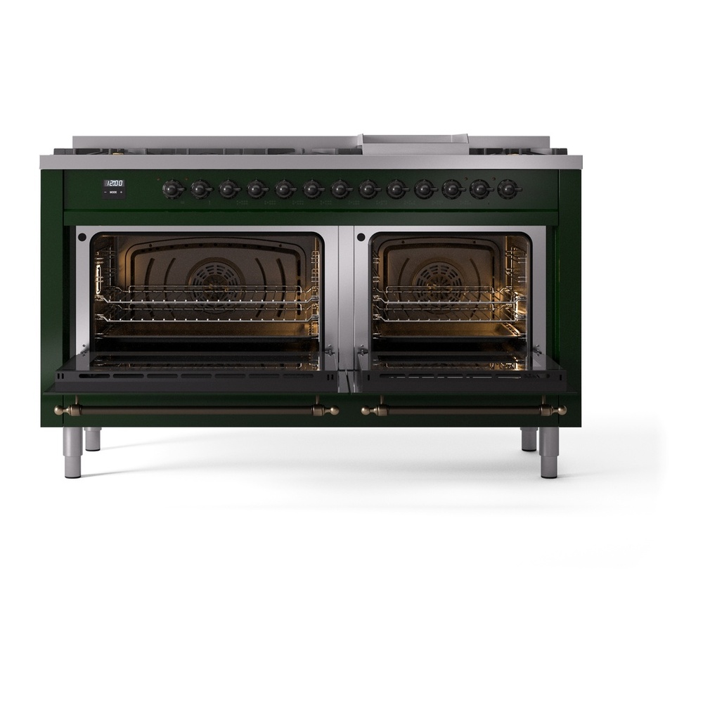 ILVE UP60FNMPEGBLP Nostalgie II 60 inch Dual Fuel Range with 5.8 cu. ft. Total Double Oven Capacity (9 Sealed Burners + Griddle, Liquid Propane, Triple Glass Door, Emerald Green, Burnished) 6 ILVE UP60FNMPEGBLP Nostalgie II 60" Dual Fuel Range, oven doors opened