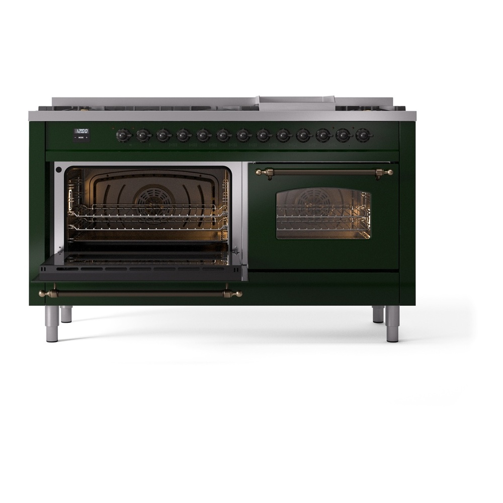 ILVE UP60FNMPEGBLP Nostalgie II 60 inch Dual Fuel Range with 5.8 cu. ft. Total Double Oven Capacity (9 Sealed Burners + Griddle, Liquid Propane, Triple Glass Door, Emerald Green, Burnished) 7 ILVE UP60FNMPEGBLP Nostalgie II 60" Dual Fuel Range, main oven door opened