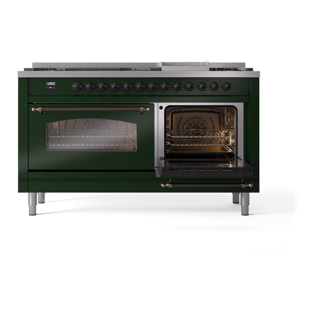 ILVE UP60FNMPEGBLP Nostalgie II 60 inch Dual Fuel Range with 5.8 cu. ft. Total Double Oven Capacity (9 Sealed Burners + Griddle, Liquid Propane, Triple Glass Door, Emerald Green, Burnished) 8 ILVE UP60FNMPEGBLP Nostalgie II 60" Dual Fuel Range, side oven door opened