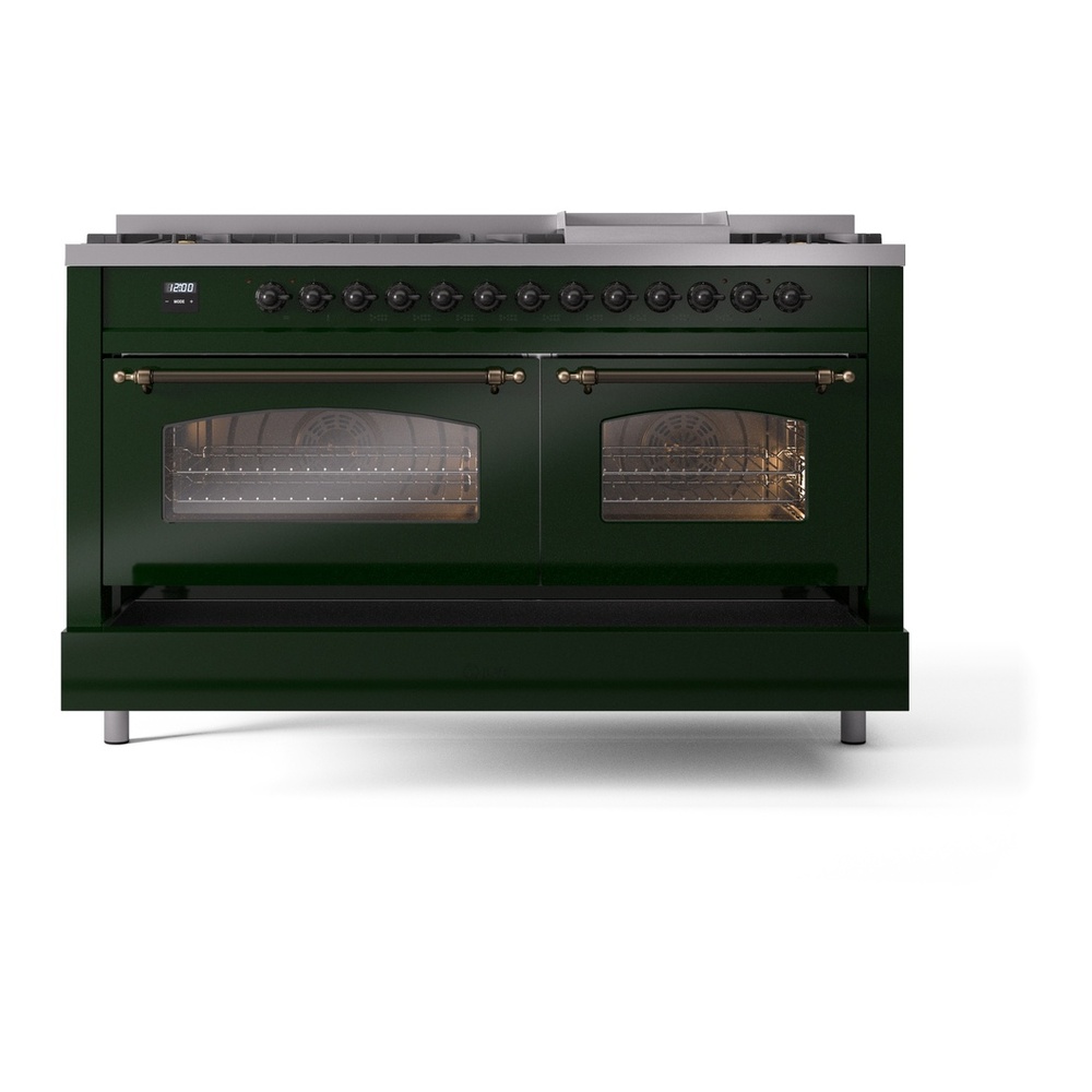 ILVE UP60FNMPEGBLP Nostalgie II 60 inch Dual Fuel Range with 5.8 cu. ft. Total Double Oven Capacity (9 Sealed Burners + Griddle, Liquid Propane, Triple Glass Door, Emerald Green, Burnished) 9 ILVE UP60FNMPEGBLP Nostalgie II 60" Dual Fuel Range, drawer opened