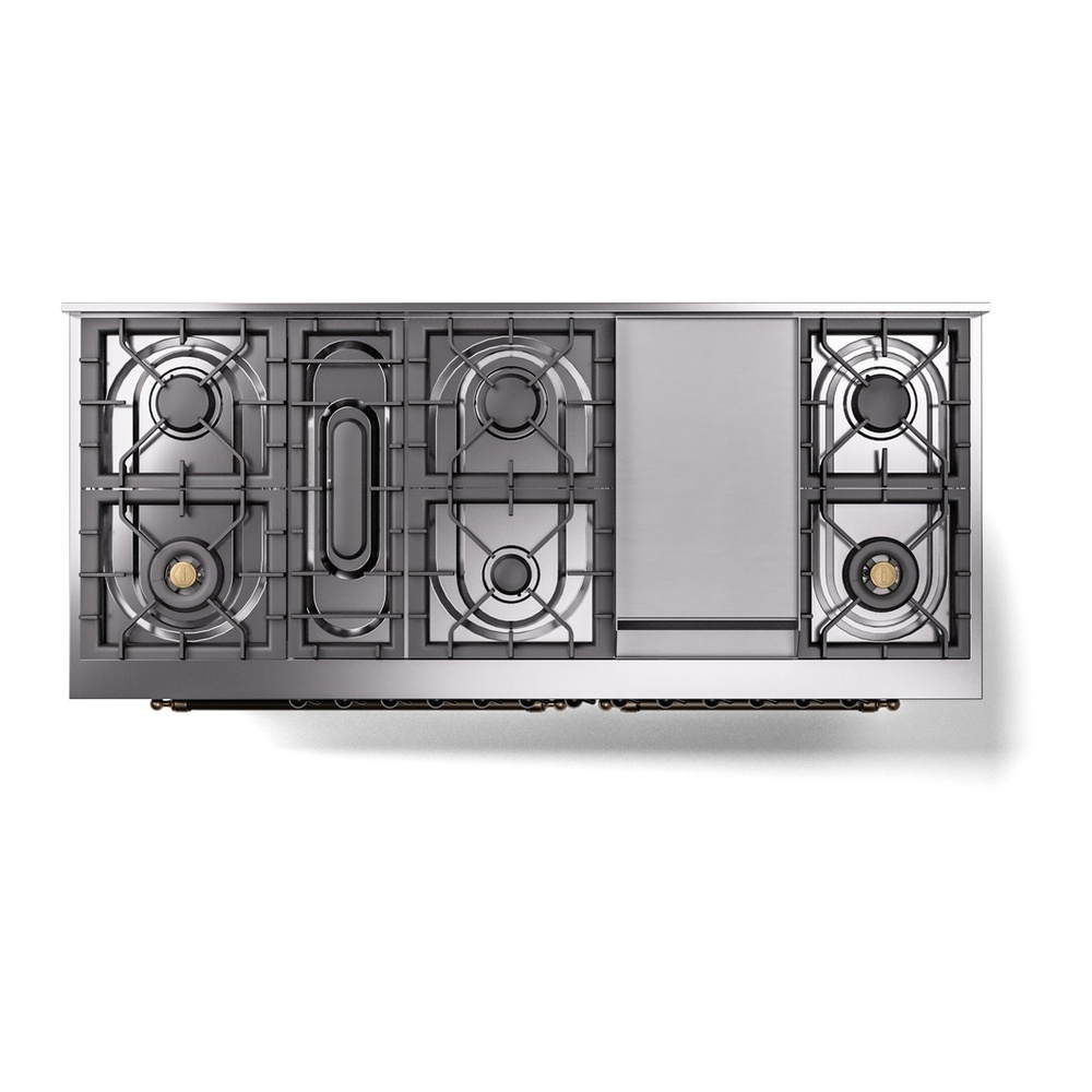 ILVE UP60FNMPEGBLP Nostalgie II 60 inch Dual Fuel Range with 5.8 cu. ft. Total Double Oven Capacity (9 Sealed Burners + Griddle, Liquid Propane, Triple Glass Door, Emerald Green, Burnished) 11 ILVE UP60FNMPEGBLP Nostalgie II 60" Dual Fuel Range, top view