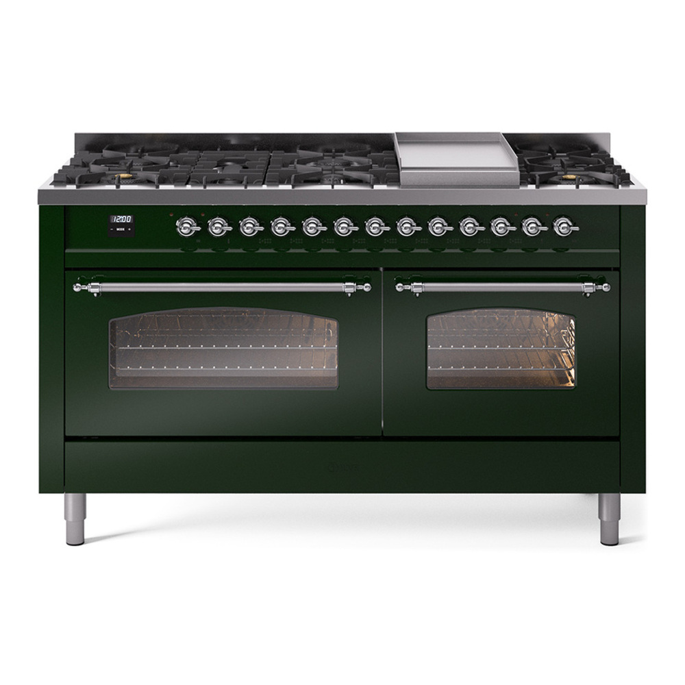 ILVE UP60FNMPEGCLP Nostalgie II 60 inch Dual Fuel Range with 5.8 cu. ft. Total Double Oven Capacity (9 Sealed Burners + Griddle, Liquid Propane, Triple Glass Door, Emerald Green, Chrome)