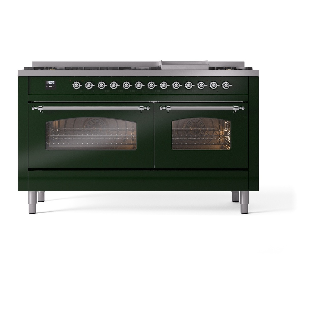 ILVE UP60FNMPEGCLP Nostalgie II 60 inch Dual Fuel Range with 5.8 cu. ft. Total Double Oven Capacity (9 Sealed Burners + Griddle, Liquid Propane, Triple Glass Door, Emerald Green, Chrome) 5 ILVE UP60FNMPEGCLP Nostalgie II 60" Dual Fuel Range, front view