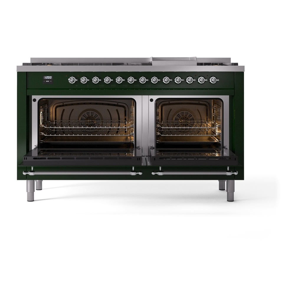 ILVE UP60FNMPEGCLP Nostalgie II 60 inch Dual Fuel Range with 5.8 cu. ft. Total Double Oven Capacity (9 Sealed Burners + Griddle, Liquid Propane, Triple Glass Door, Emerald Green, Chrome) 6 ILVE UP60FNMPEGCLP Nostalgie II 60" Dual Fuel Range, oven doors opened