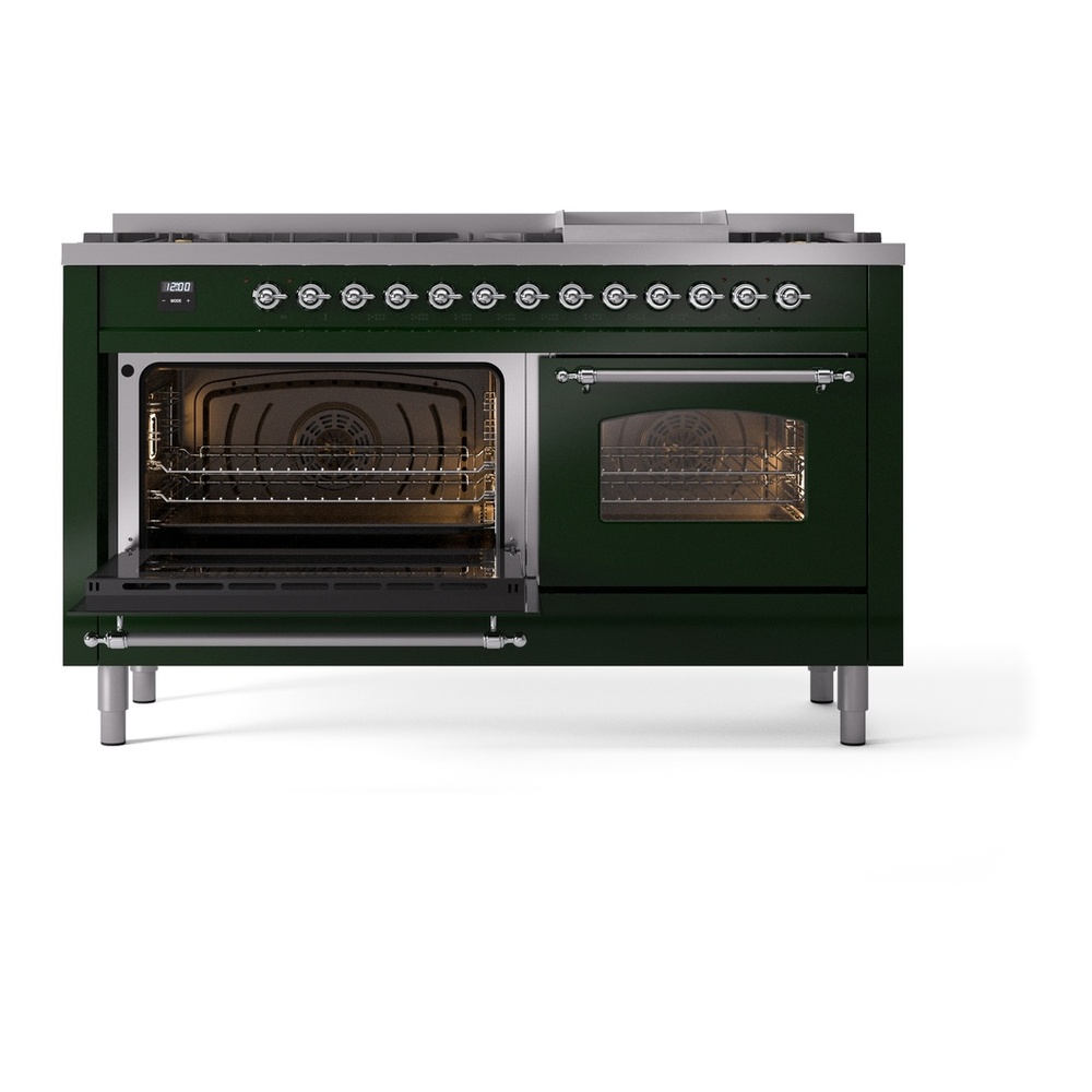 ILVE UP60FNMPEGCLP Nostalgie II 60 inch Dual Fuel Range with 5.8 cu. ft. Total Double Oven Capacity (9 Sealed Burners + Griddle, Liquid Propane, Triple Glass Door, Emerald Green, Chrome) 7 ILVE UP60FNMPEGCLP Nostalgie II 60" Dual Fuel Range, main oven door opened