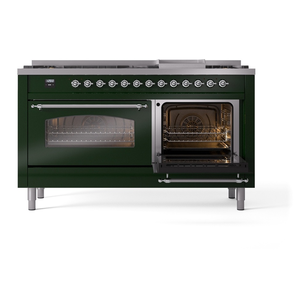 ILVE UP60FNMPEGC Nostalgie II 60 inch Dual Fuel Range with 5.8 cu. ft. Total Double Oven Capacity (9 Sealed Burners + Griddle, Natural Gas, Triple Glass Door, Emerald Green, Chrome) 8 ILVE UP60FNMPEGC Nostalgie II 60" Dual Fuel Range, side oven door opened
