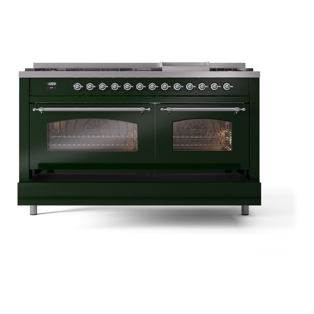 ILVE UP60FNMPEGC Nostalgie II 60 inch Dual Fuel Range with 5.8 cu. ft. Total Double Oven Capacity (9 Sealed Burners + Griddle, Natural Gas, Triple Glass Door, Emerald Green, Chrome) 9 ILVE UP60FNMPEGC Nostalgie II 60" Dual Fuel Range, drawer opened