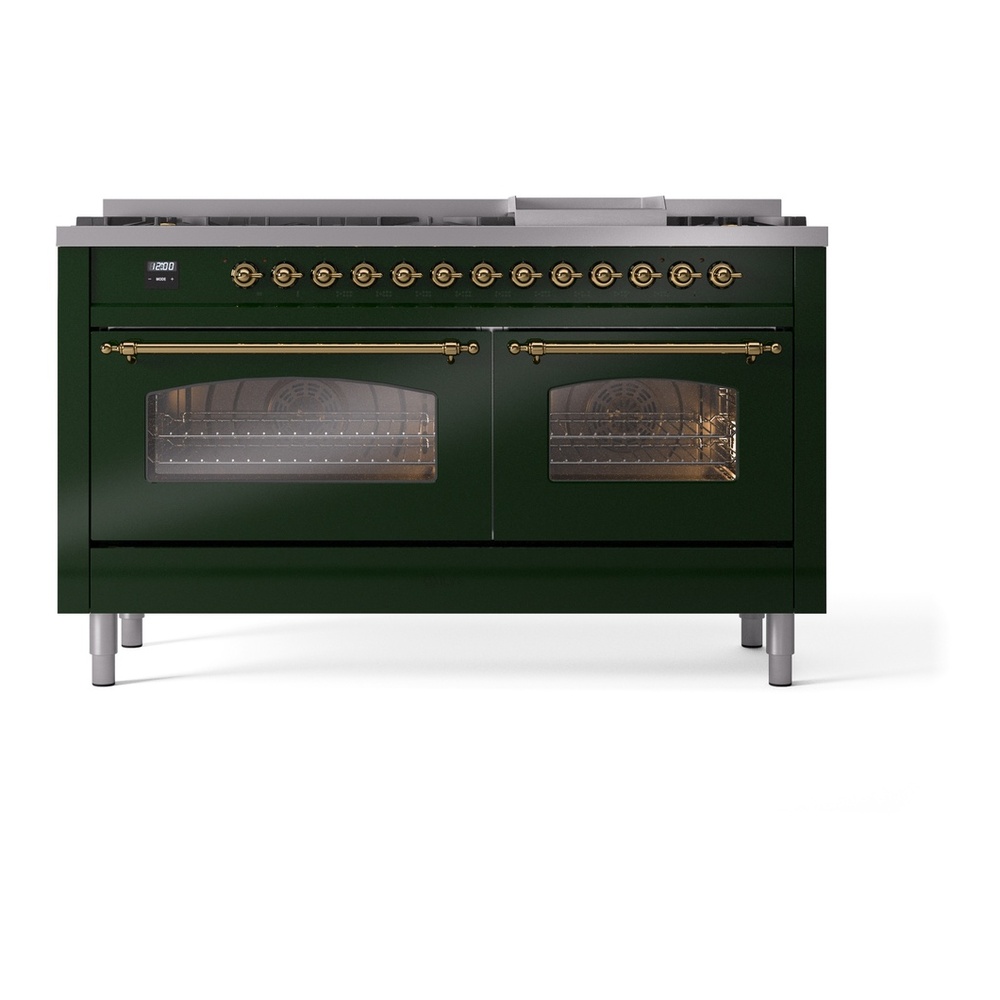 ILVE UP60FNMPEGGLP Nostalgie II 60 inch Dual Fuel Range with 5.8 cu. ft. Total Double Oven Capacity (9 Sealed Burners + Griddle, Liquid Propane, Triple Glass Door, Emerald Green, Brass) 5 ILVE UP60FNMPEGGLP Nostalgie II 60" Dual Fuel Range, front view