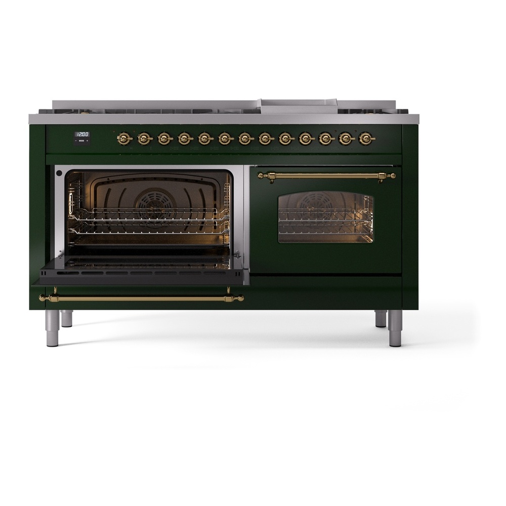 ILVE UP60FNMPEGGLP Nostalgie II 60 inch Dual Fuel Range with 5.8 cu. ft. Total Double Oven Capacity (9 Sealed Burners + Griddle, Liquid Propane, Triple Glass Door, Emerald Green, Brass) 7 ILVE UP60FNMPEGGLP Nostalgie II 60" Dual Fuel Range, main oven door opened
