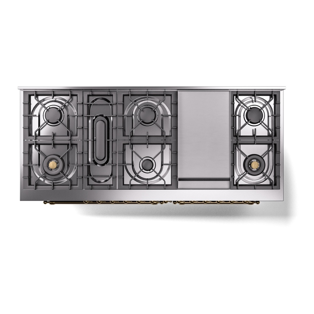 ILVE UP60FNMPEGGLP Nostalgie II 60 inch Dual Fuel Range with 5.8 cu. ft. Total Double Oven Capacity (9 Sealed Burners + Griddle, Liquid Propane, Triple Glass Door, Emerald Green, Brass) 11 ILVE UP60FNMPEGGLP Nostalgie II 60" Dual Fuel Range, top view