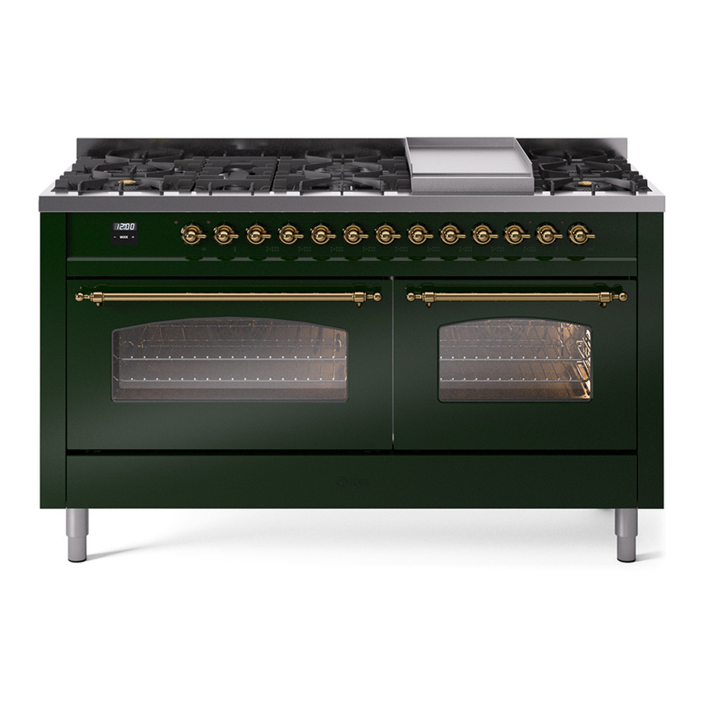 ILVE UP60FNMPEGG Nostalgie II 60 inch Dual Fuel Range with 5.8 cu. ft. Total Double Oven Capacity (9 Sealed Burners + Griddle, Natural Gas, Triple Glass Door, Emerald Green, Brass)