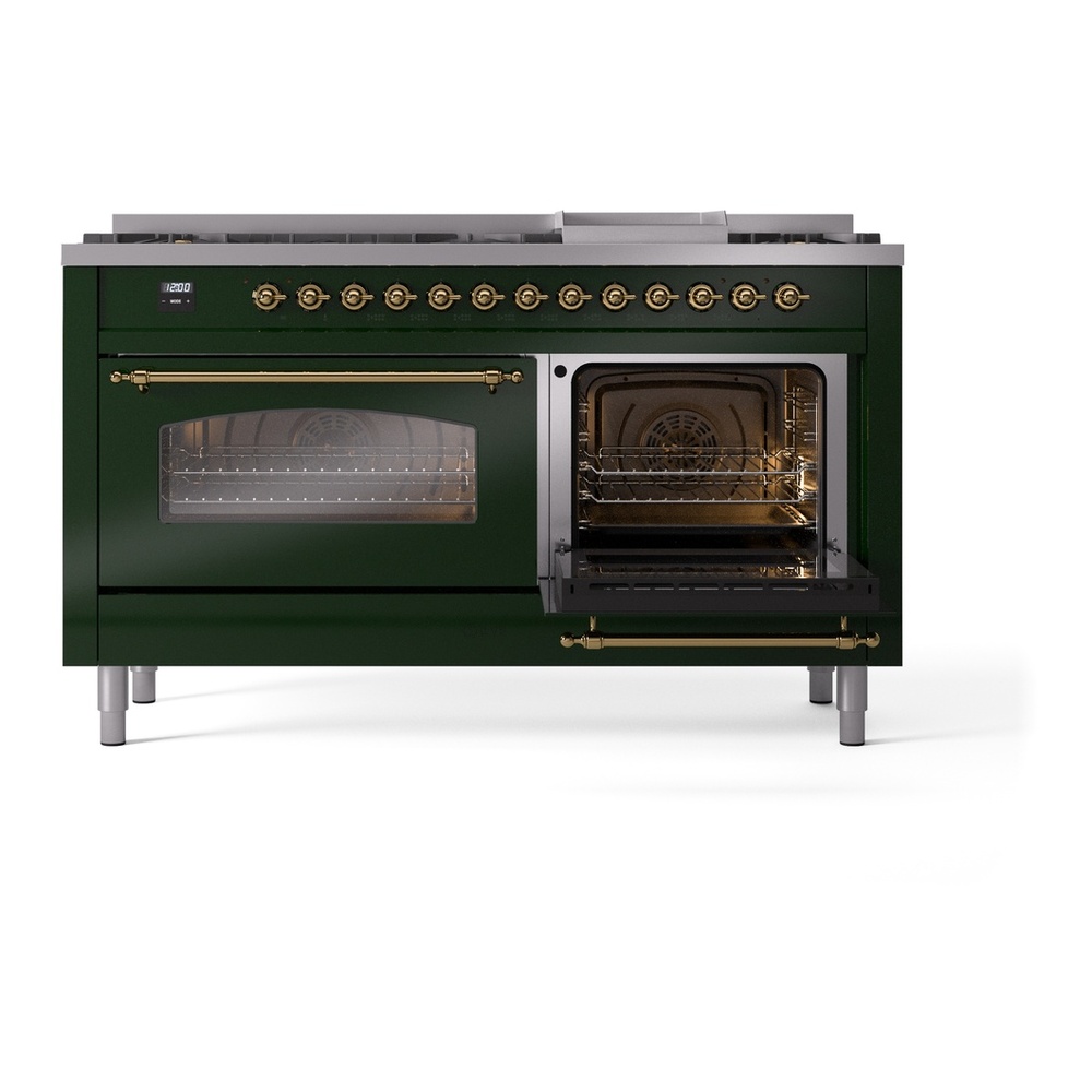 ILVE UP60FNMPEGG Nostalgie II 60 inch Dual Fuel Range with 5.8 cu. ft. Total Double Oven Capacity (9 Sealed Burners + Griddle, Natural Gas, Triple Glass Door, Emerald Green, Brass) 8 ILVE UP60FNMPEGG Nostalgie II 60" Dual Fuel Range, side oven door opened