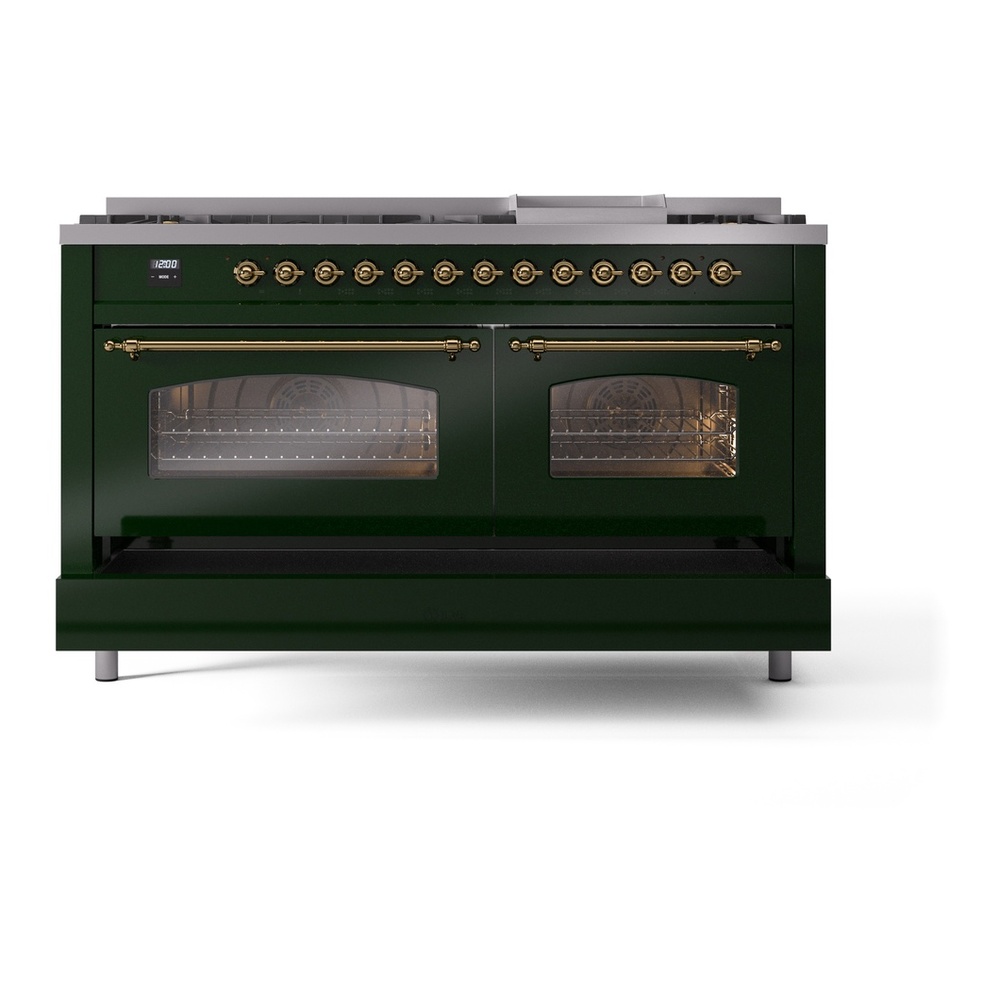 ILVE UP60FNMPEGG Nostalgie II 60 inch Dual Fuel Range with 5.8 cu. ft. Total Double Oven Capacity (9 Sealed Burners + Griddle, Natural Gas, Triple Glass Door, Emerald Green, Brass) 9 ILVE UP60FNMPEGG Nostalgie II 60" Dual Fuel Range, drawer opened