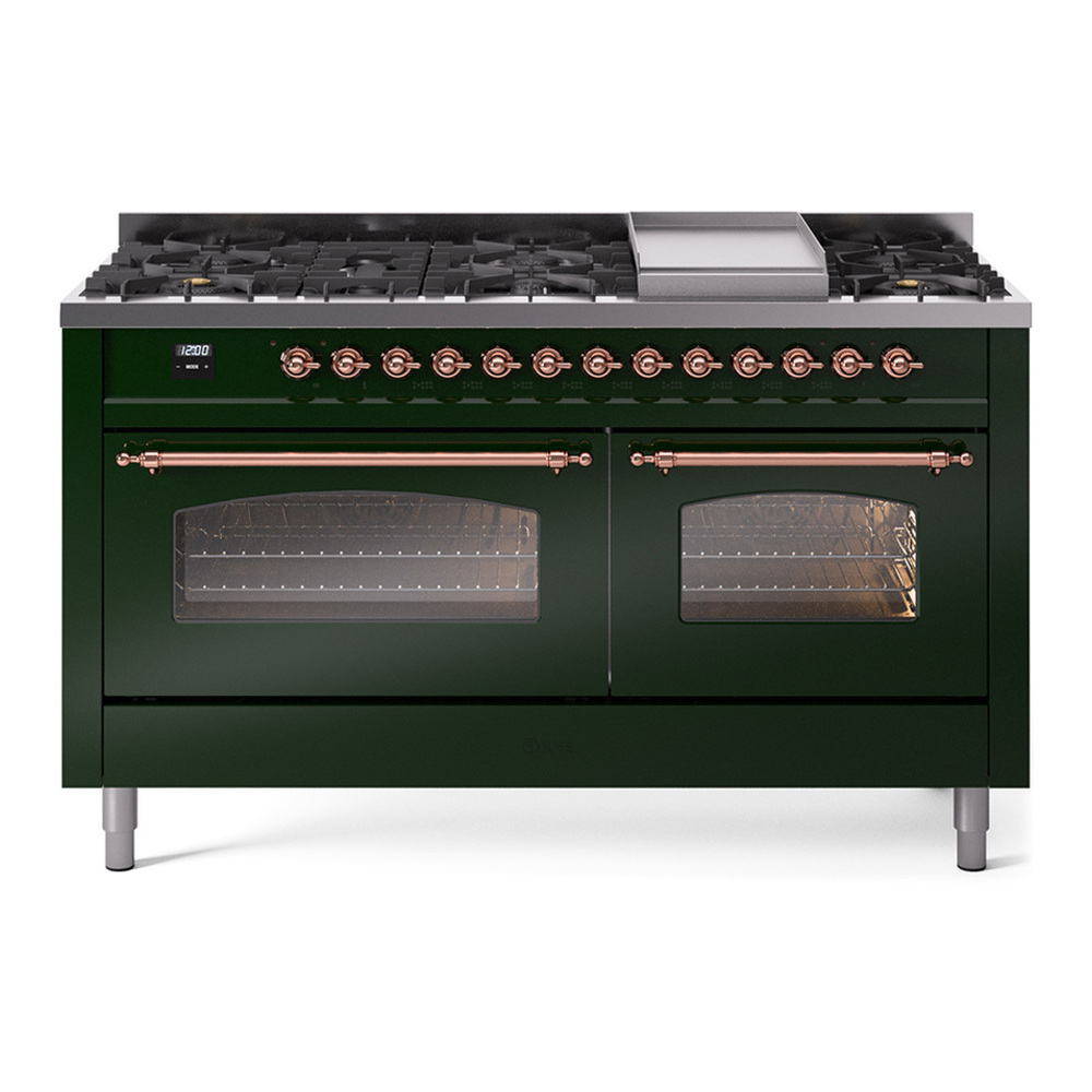 ILVE UP60FNMPEGPLP Nostalgie II 60 inch Dual Fuel Range with 5.8 cu. ft. Total Double Oven Capacity (9 Sealed Burners + Griddle, Liquid Propane, Triple Glass Door, Emerald Green, Copper)