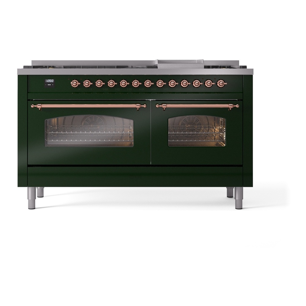 ILVE UP60FNMPEGP Nostalgie II 60 inch Dual Fuel Range with 5.8 cu. ft. Total Double Oven Capacity (9 Sealed Burners + Griddle, Natural Gas, Triple Glass Door, Emerald Green, Copper) 8 ILVE UP60FNMPEGP Nostalgie II 60" Dual Fuel Range, front view