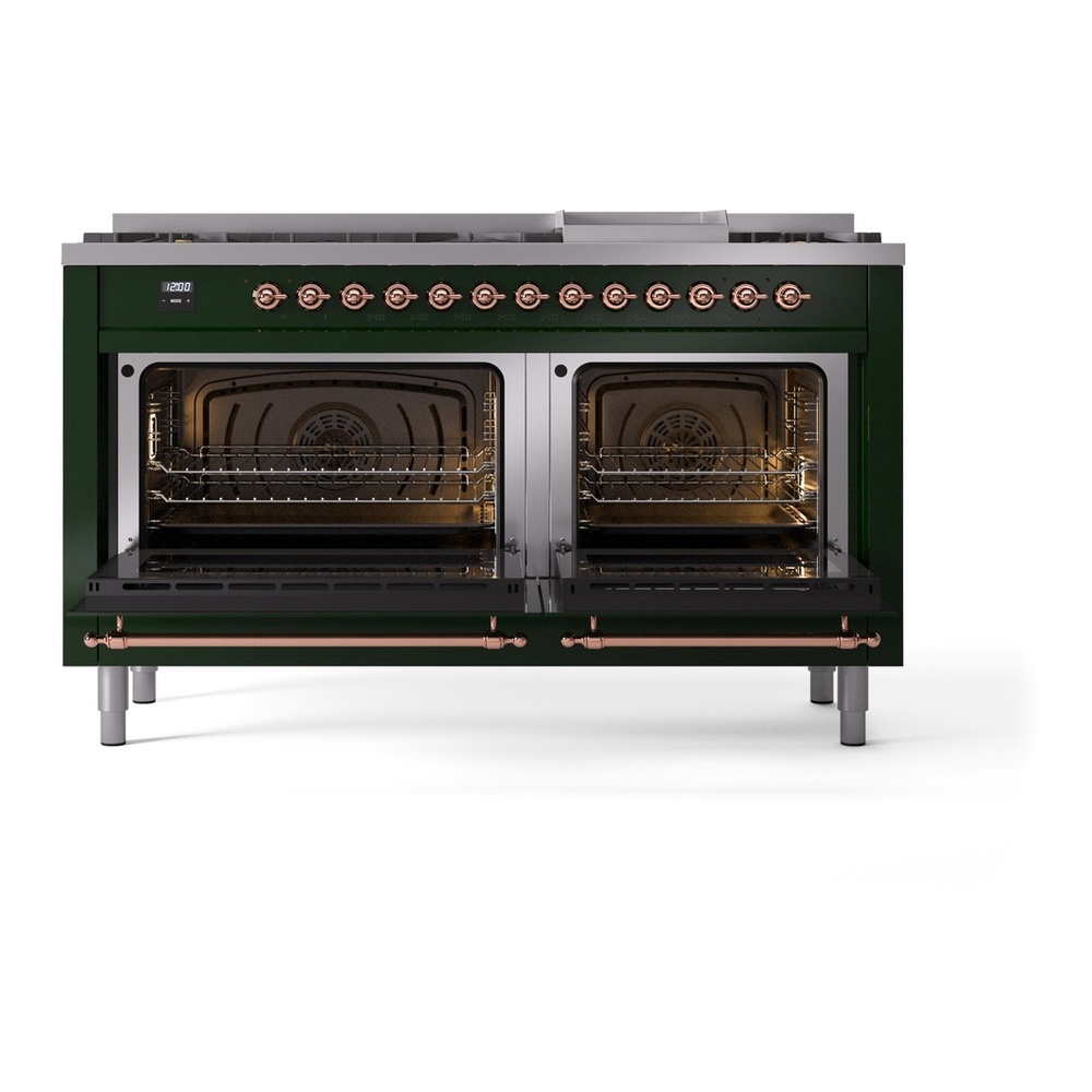 ILVE UP60FNMPEGP Nostalgie II 60 inch Dual Fuel Range with 5.8 cu. ft. Total Double Oven Capacity (9 Sealed Burners + Griddle, Natural Gas, Triple Glass Door, Emerald Green, Copper) 9 ILVE UP60FNMPEGP Nostalgie II 60" Dual Fuel Range, oven doors opened
