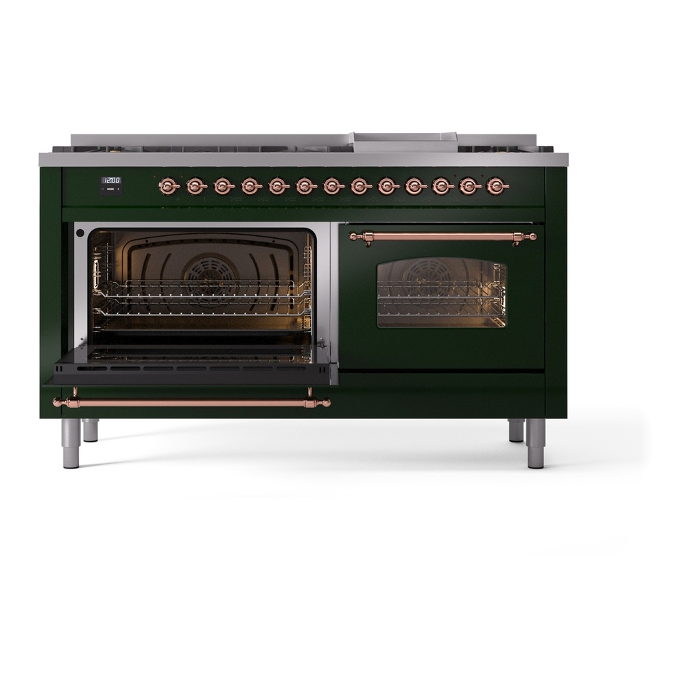ILVE UP60FNMPEGP Nostalgie II 60 inch Dual Fuel Range with 5.8 cu. ft. Total Double Oven Capacity (9 Sealed Burners + Griddle, Natural Gas, Triple Glass Door, Emerald Green, Copper) 10 ILVE UP60FNMPEGP Nostalgie II 60" Dual Fuel Range, main oven door opened
