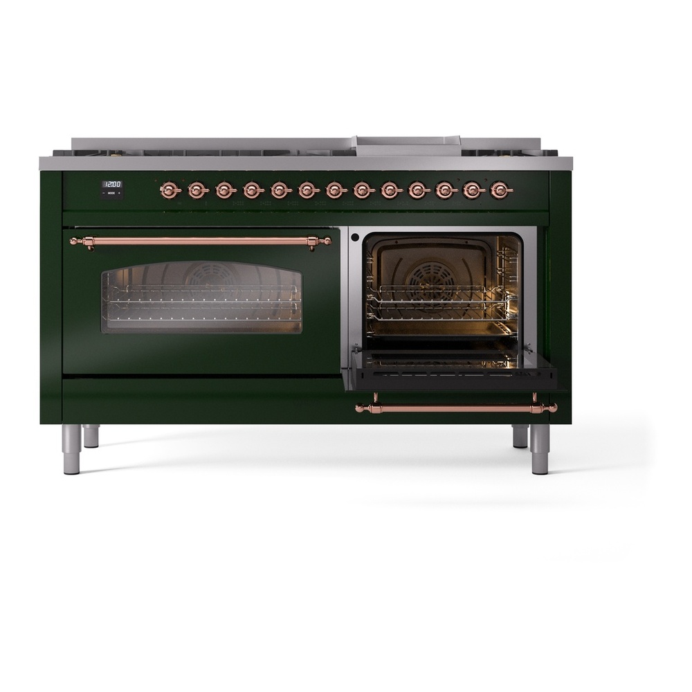 ILVE UP60FNMPEGP Nostalgie II 60 inch Dual Fuel Range with 5.8 cu. ft. Total Double Oven Capacity (9 Sealed Burners + Griddle, Natural Gas, Triple Glass Door, Emerald Green, Copper) 11 ILVE UP60FNMPEGP Nostalgie II 60" Dual Fuel Range, side oven door opened