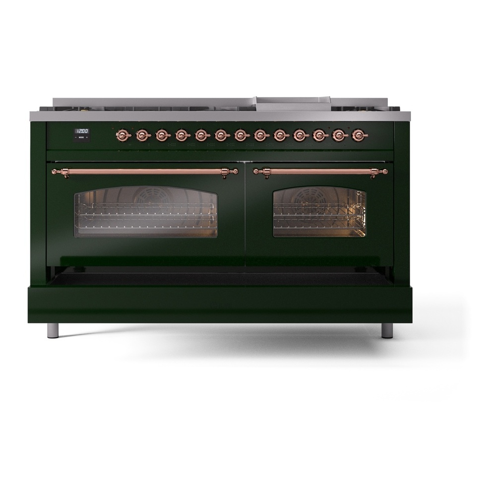 ILVE UP60FNMPEGP Nostalgie II 60 inch Dual Fuel Range with 5.8 cu. ft. Total Double Oven Capacity (9 Sealed Burners + Griddle, Natural Gas, Triple Glass Door, Emerald Green, Copper) 12 ILVE UP60FNMPEGP Nostalgie II 60" Dual Fuel Range, drawer opened