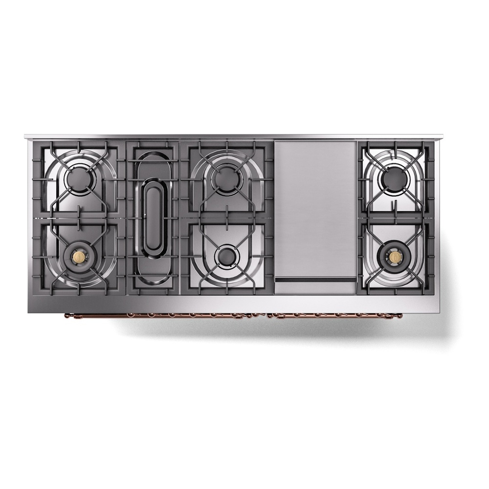 ILVE UP60FNMPEGP Nostalgie II 60 inch Dual Fuel Range with 5.8 cu. ft. Total Double Oven Capacity (9 Sealed Burners + Griddle, Natural Gas, Triple Glass Door, Emerald Green, Copper) 14 ILVE UP60FNMPEGP Nostalgie II 60" Dual Fuel Range, top view