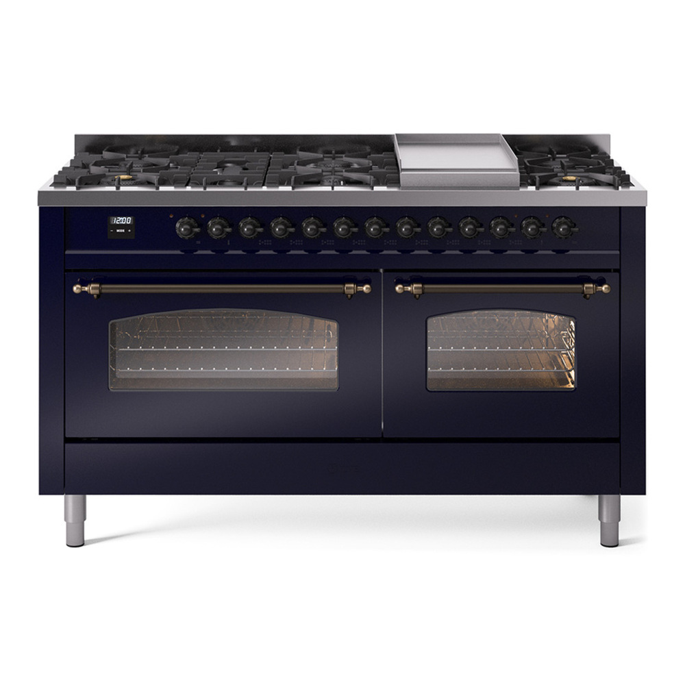 ILVE UP60FNMPMBBLP Nostalgie II 60 inch Dual Fuel Range with 5.8 cu. ft. Total Double Oven Capacity (9 Sealed Burners + Griddle, Liquid Propane, Triple Glass Door, Midnight Blue, Burnished)