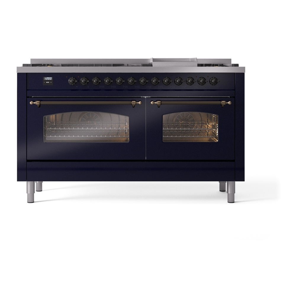 ILVE UP60FNMPMBBLP Nostalgie II 60 inch Dual Fuel Range with 5.8 cu. ft. Total Double Oven Capacity (9 Sealed Burners + Griddle, Liquid Propane, Triple Glass Door, Midnight Blue, Burnished) 5 ILVE UP60FNMPMBBLP Nostalgie II 60" Dual Fuel Range, front view