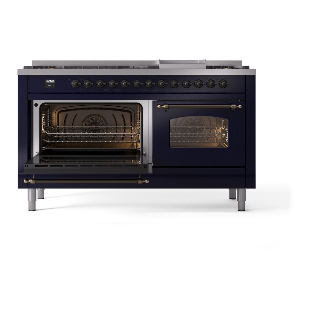 ILVE UP60FNMPMBBLP Nostalgie II 60 inch Dual Fuel Range with 5.8 cu. ft. Total Double Oven Capacity (9 Sealed Burners + Griddle, Liquid Propane, Triple Glass Door, Midnight Blue, Burnished) 7 ILVE UP60FNMPMBBLP Nostalgie II 60" Dual Fuel Range, main oven door opened