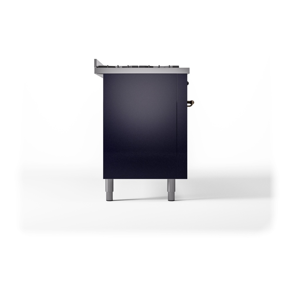 ILVE UP60FNMPMBBLP Nostalgie II 60 inch Dual Fuel Range with 5.8 cu. ft. Total Double Oven Capacity (9 Sealed Burners + Griddle, Liquid Propane, Triple Glass Door, Midnight Blue, Burnished) 12 ILVE UP60FNMPMBBLP Nostalgie II 60" Dual Fuel Range, left side view