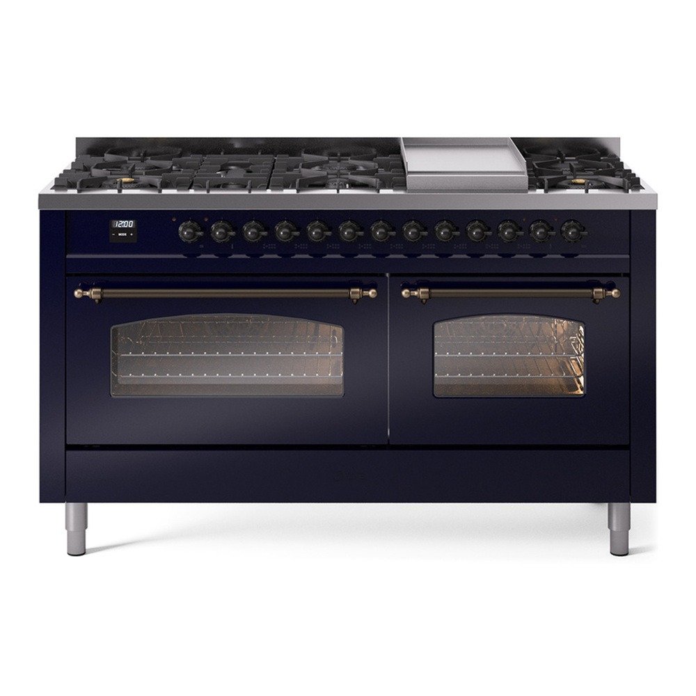 ILVE UP60FNMPMBB Nostalgie II 60 inch Dual Fuel Range with 5.8 cu. ft. Total Double Oven Capacity (9 Sealed Burners + Griddle, Natural Gas, Triple Glass Door, Midnight Blue, Burnished)