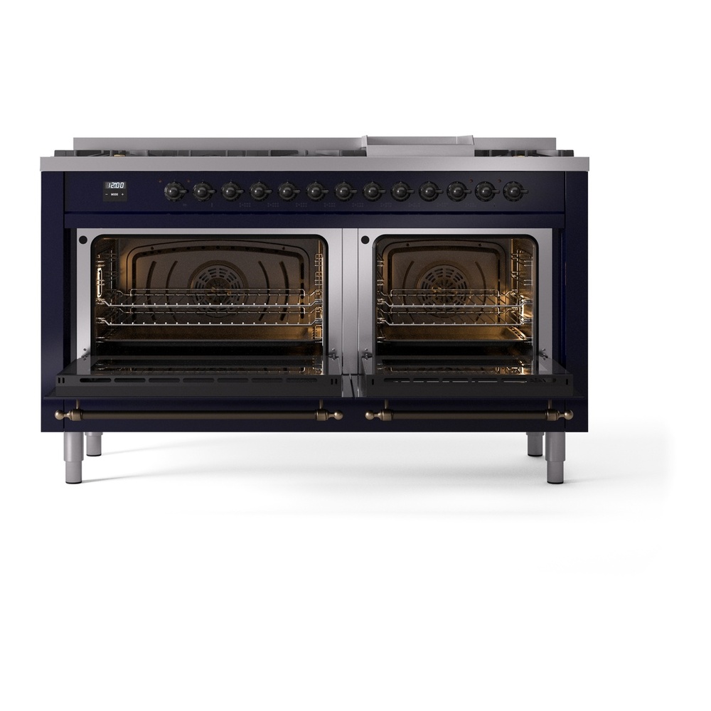 ILVE UP60FNMPMBB Nostalgie II 60 inch Dual Fuel Range with 5.8 cu. ft. Total Double Oven Capacity (9 Sealed Burners + Griddle, Natural Gas, Triple Glass Door, Midnight Blue, Burnished) 6 ILVE UP60FNMPMBB Nostalgie II 60" Dual Fuel Range, oven doors opened