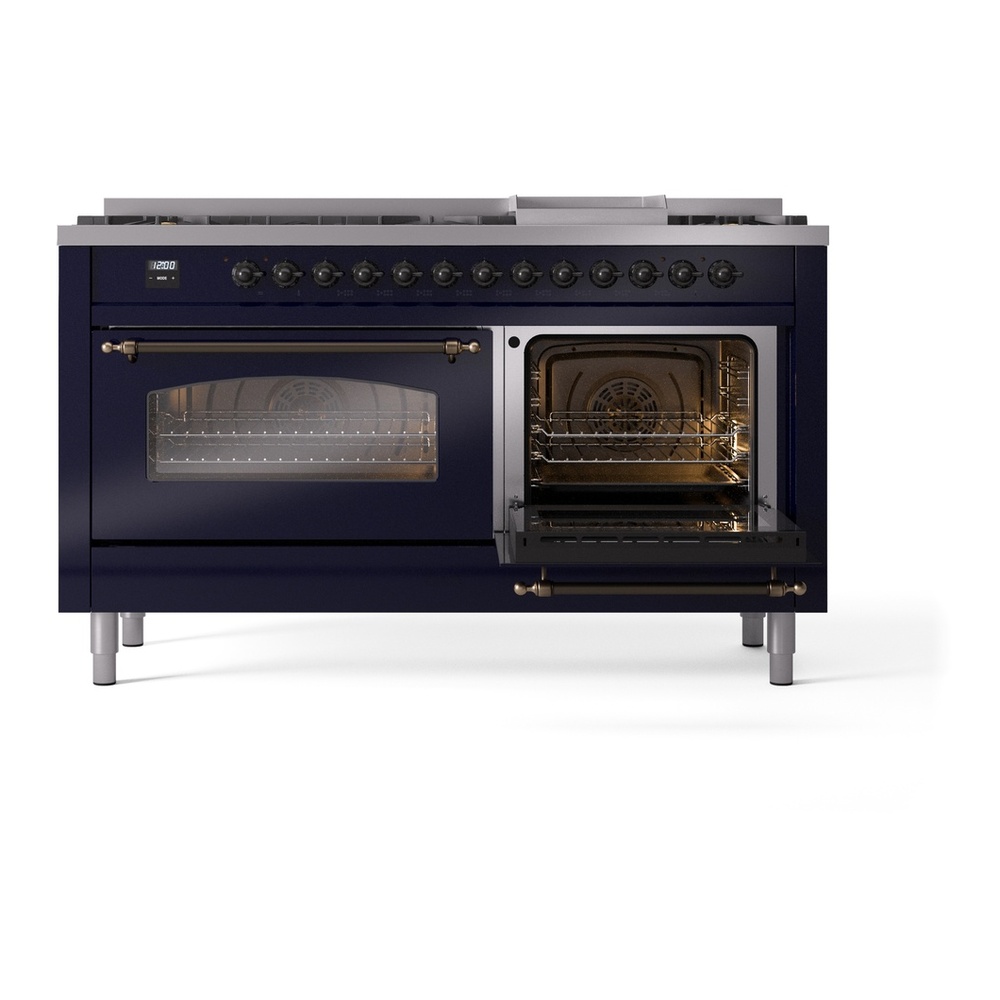 ILVE UP60FNMPMBB Nostalgie II 60 inch Dual Fuel Range with 5.8 cu. ft. Total Double Oven Capacity (9 Sealed Burners + Griddle, Natural Gas, Triple Glass Door, Midnight Blue, Burnished) 8 ILVE UP60FNMPMBB Nostalgie II 60" Dual Fuel Range, side oven door opened