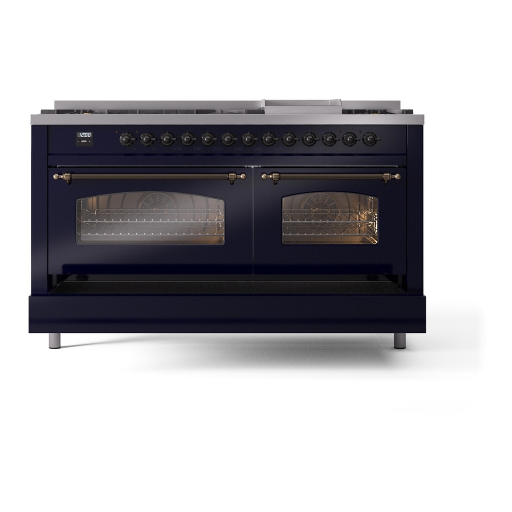 ILVE UP60FNMPMBB Nostalgie II 60 inch Dual Fuel Range with 5.8 cu. ft. Total Double Oven Capacity (9 Sealed Burners + Griddle, Natural Gas, Triple Glass Door, Midnight Blue, Burnished) 9 ILVE UP60FNMPMBB Nostalgie II 60" Dual Fuel Range, drawer opened