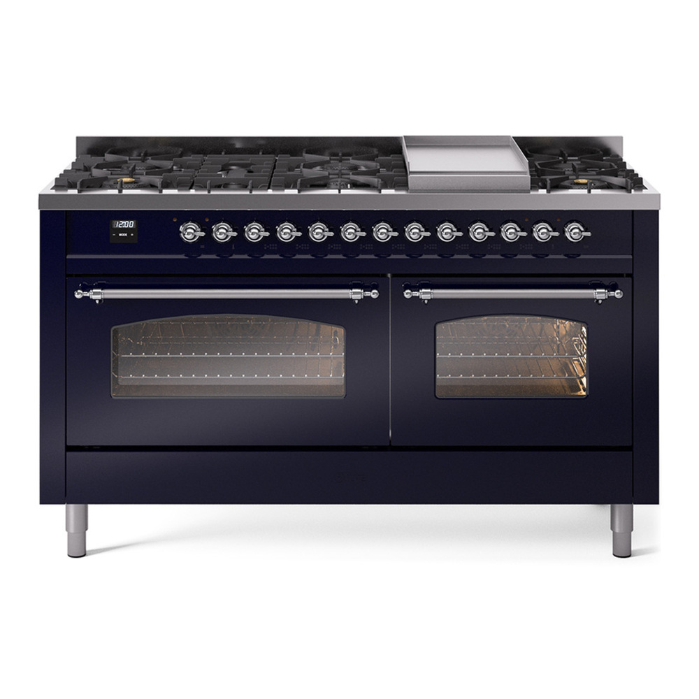 ILVE UP60FNMPMBCLP Nostalgie II 60 inch Dual Fuel Range with 5.8 cu. ft. Total Double Oven Capacity (9 Sealed Burners + Griddle, Liquid Propane, Triple Glass Door, Midnight Blue, Chrome)