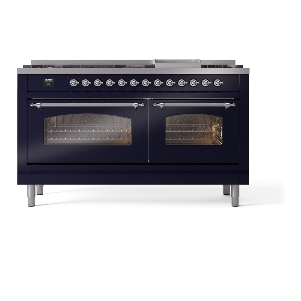 ILVE UP60FNMPMBCLP Nostalgie II 60 inch Dual Fuel Range with 5.8 cu. ft. Total Double Oven Capacity (9 Sealed Burners + Griddle, Liquid Propane, Triple Glass Door, Midnight Blue, Chrome) 5 ILVE UP60FNMPMBCLP Nostalgie II 60" Dual Fuel Range, front view
