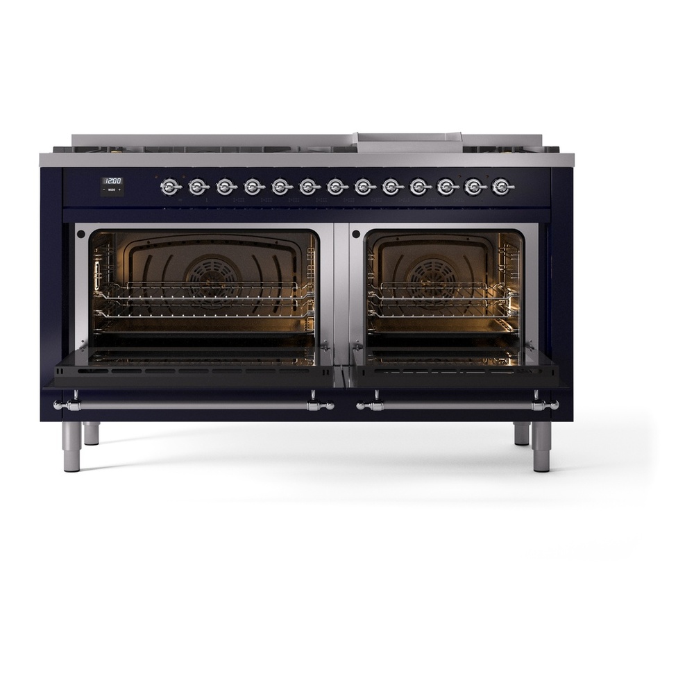 ILVE UP60FNMPMBCLP Nostalgie II 60 inch Dual Fuel Range with 5.8 cu. ft. Total Double Oven Capacity (9 Sealed Burners + Griddle, Liquid Propane, Triple Glass Door, Midnight Blue, Chrome) 6 ILVE UP60FNMPMBCLP Nostalgie II 60" Dual Fuel Range, oven doors opened