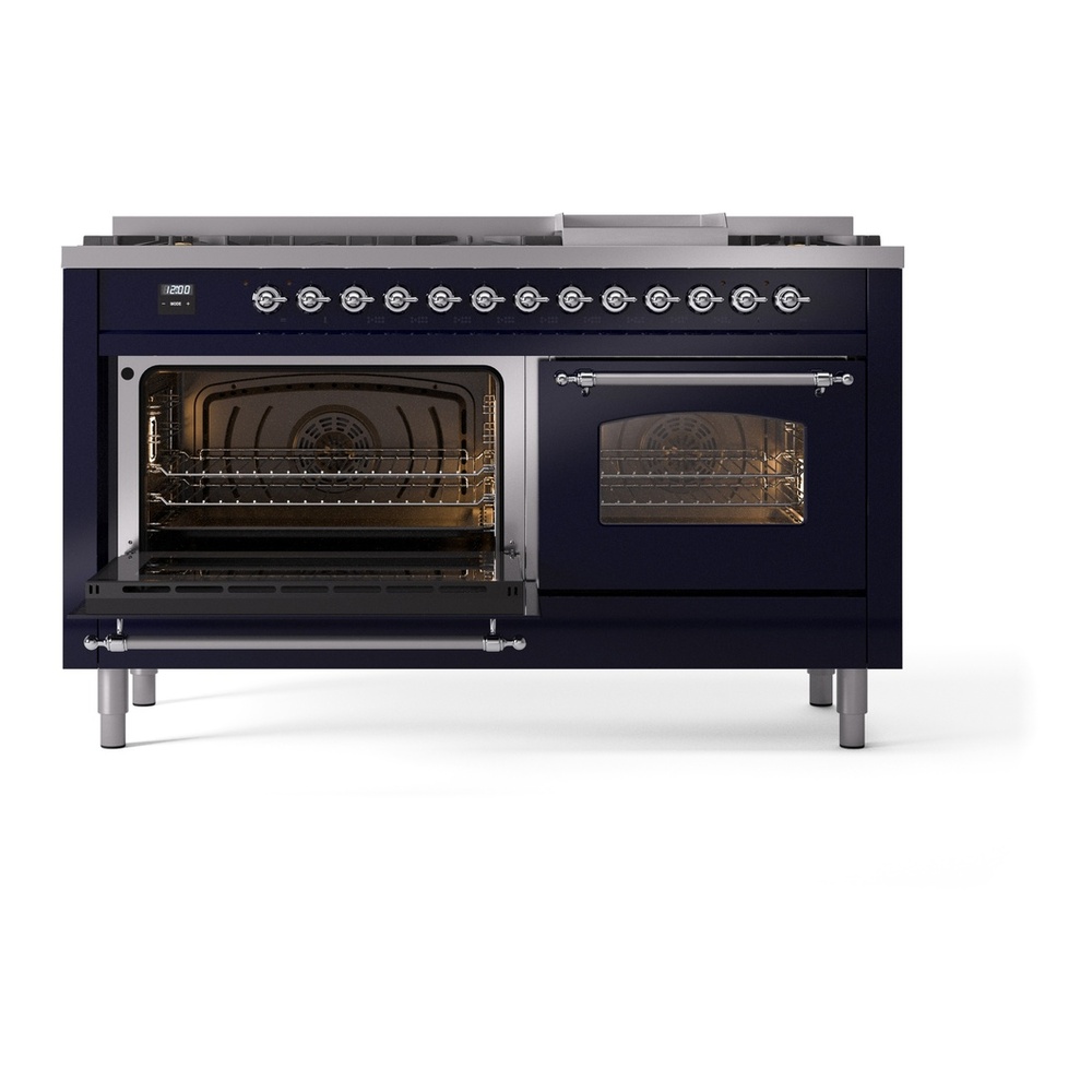 ILVE UP60FNMPMBCLP Nostalgie II 60 inch Dual Fuel Range with 5.8 cu. ft. Total Double Oven Capacity (9 Sealed Burners + Griddle, Liquid Propane, Triple Glass Door, Midnight Blue, Chrome) 7 ILVE UP60FNMPMBCLP Nostalgie II 60" Dual Fuel Range, main oven door opened