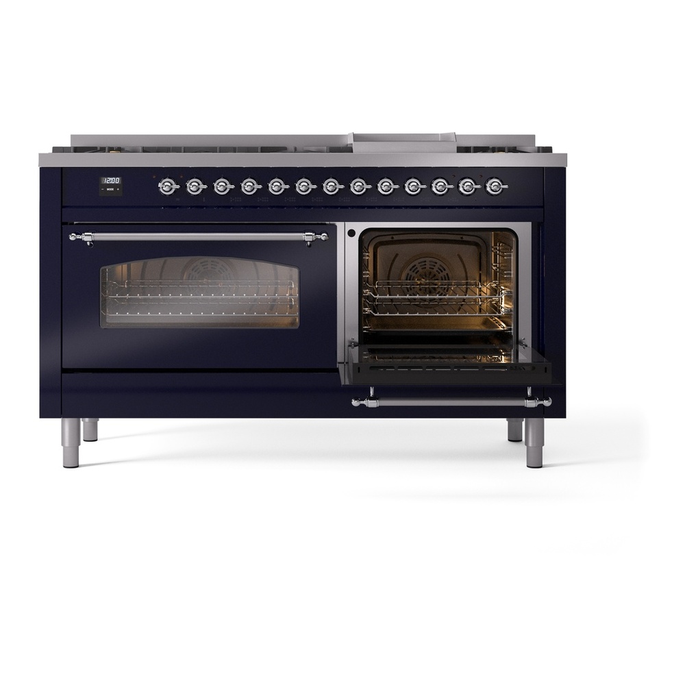 ILVE UP60FNMPMBCLP Nostalgie II 60 inch Dual Fuel Range with 5.8 cu. ft. Total Double Oven Capacity (9 Sealed Burners + Griddle, Liquid Propane, Triple Glass Door, Midnight Blue, Chrome) 8 ILVE UP60FNMPMBCLP Nostalgie II 60" Dual Fuel Range, side oven door opened
