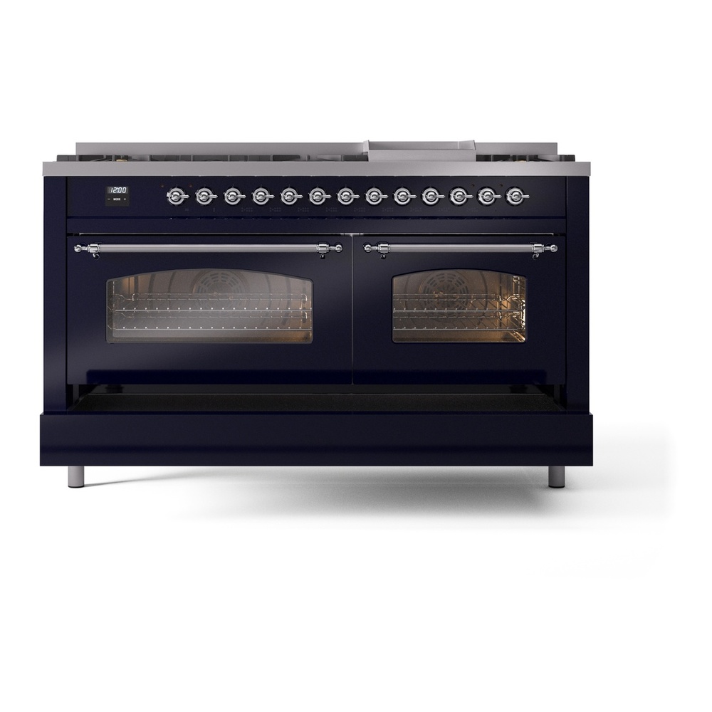 ILVE UP60FNMPMBCLP Nostalgie II 60 inch Dual Fuel Range with 5.8 cu. ft. Total Double Oven Capacity (9 Sealed Burners + Griddle, Liquid Propane, Triple Glass Door, Midnight Blue, Chrome) 9 ILVE UP60FNMPMBCLP Nostalgie II 60" Dual Fuel Range, drawer opened