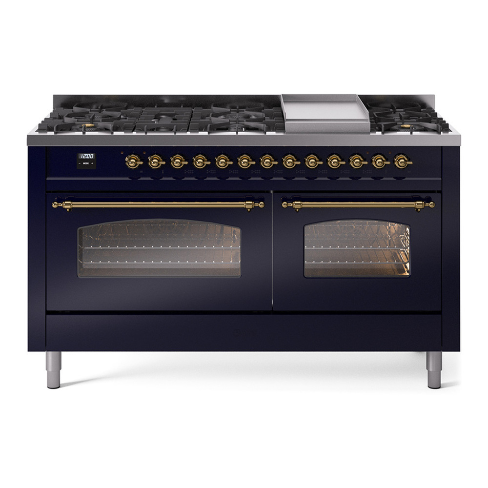 ILVE UP60FNMPMBGLP Nostalgie II 60 inch Dual Fuel Range with 5.8 cu. ft. Total Double Oven Capacity (9 Sealed Burners + Griddle, Liquid Propane, Triple Glass Door, Midnight Blue, Brass)
