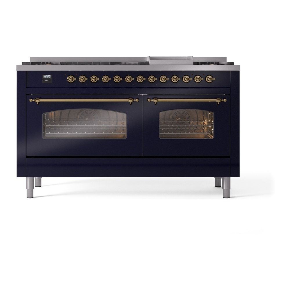 ILVE UP60FNMPMBGLP Nostalgie II 60 inch Dual Fuel Range with 5.8 cu. ft. Total Double Oven Capacity (9 Sealed Burners + Griddle, Liquid Propane, Triple Glass Door, Midnight Blue, Brass) 5 ILVE UP60FNMPMBGLP Nostalgie II 60" Dual Fuel Range, front view