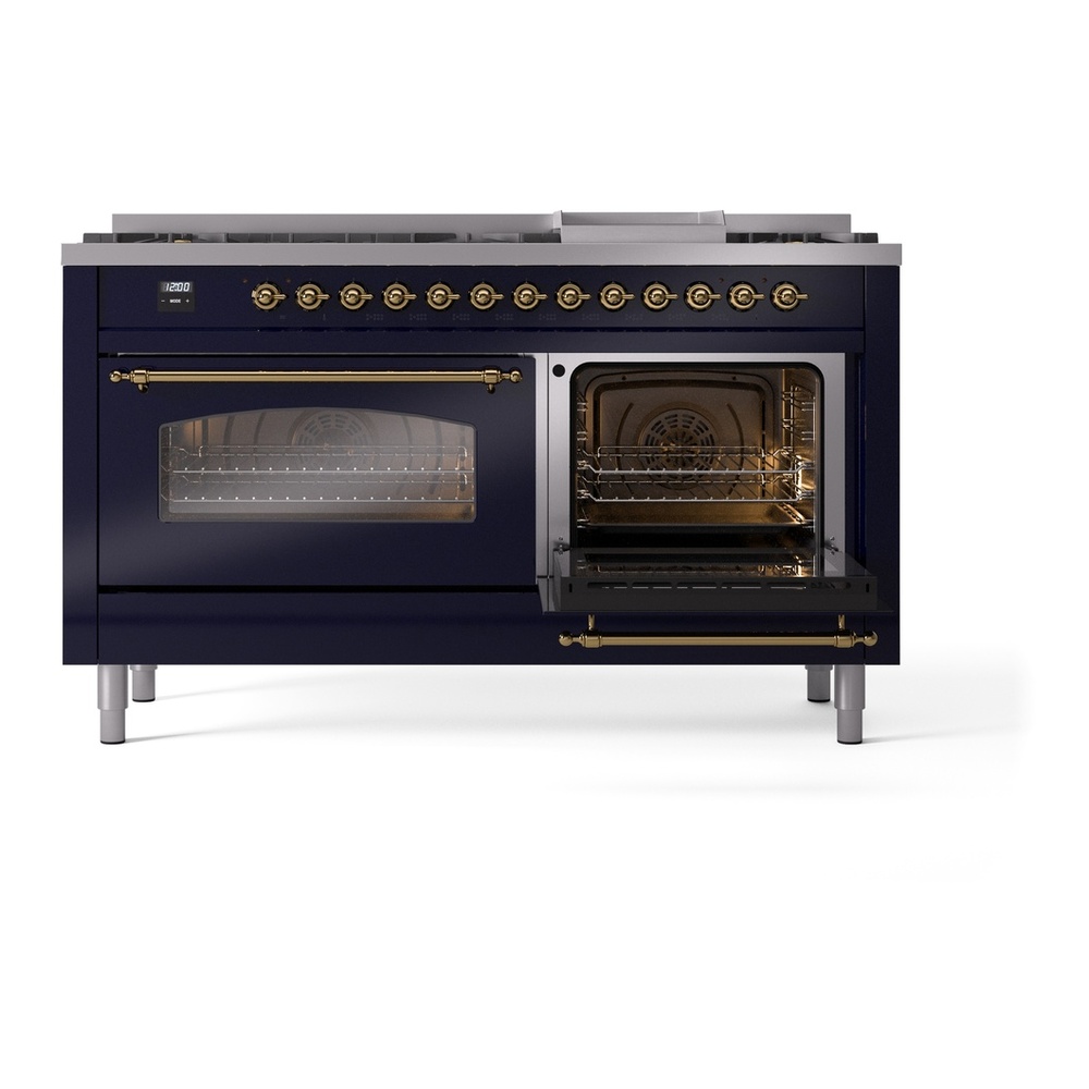 ILVE UP60FNMPMBGLP Nostalgie II 60 inch Dual Fuel Range with 5.8 cu. ft. Total Double Oven Capacity (9 Sealed Burners + Griddle, Liquid Propane, Triple Glass Door, Midnight Blue, Brass) 8 ILVE UP60FNMPMBGLP Nostalgie II 60" Dual Fuel Range, side oven door opened