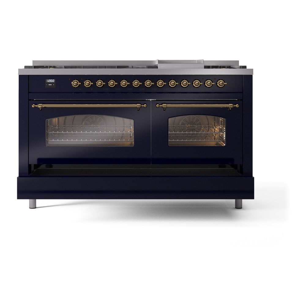 ILVE UP60FNMPMBGLP Nostalgie II 60 inch Dual Fuel Range with 5.8 cu. ft. Total Double Oven Capacity (9 Sealed Burners + Griddle, Liquid Propane, Triple Glass Door, Midnight Blue, Brass) 9 ILVE UP60FNMPMBGLP Nostalgie II 60" Dual Fuel Range, drawer opened